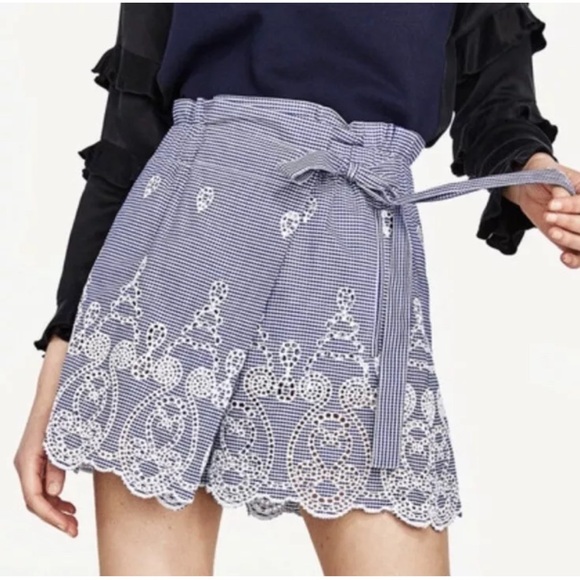 Zara Woman Blue & White Gingham Faux Wrap Scalloped Hem Paperbag Skorts Size M - Picture 1 of 5